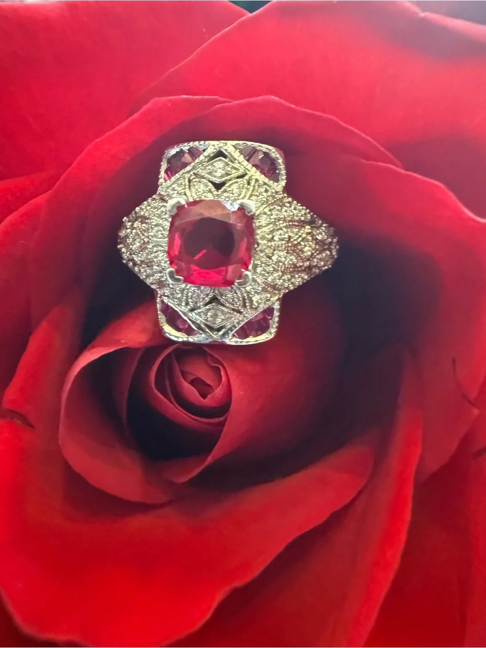 Vintage Engagement Style 925 Sterling Silver Lab Ruby CZ Cluster Ring Size 7
